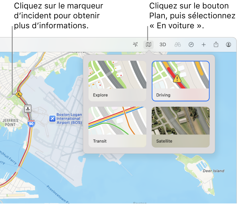 Un plan de San Francisco avec les optons du plan affichées, le plan routier sélectionné, et les incidents de circulation sur le plan.