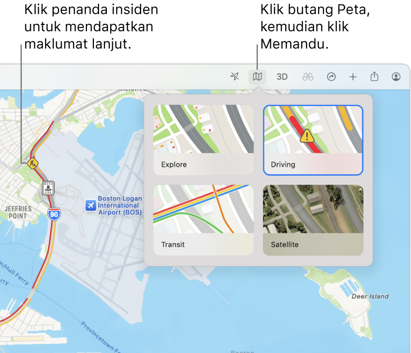 Peta San Francisco dengan pilihan peta dipaparkan, peta Memandu dipilih dan insiden trafik pada peta.