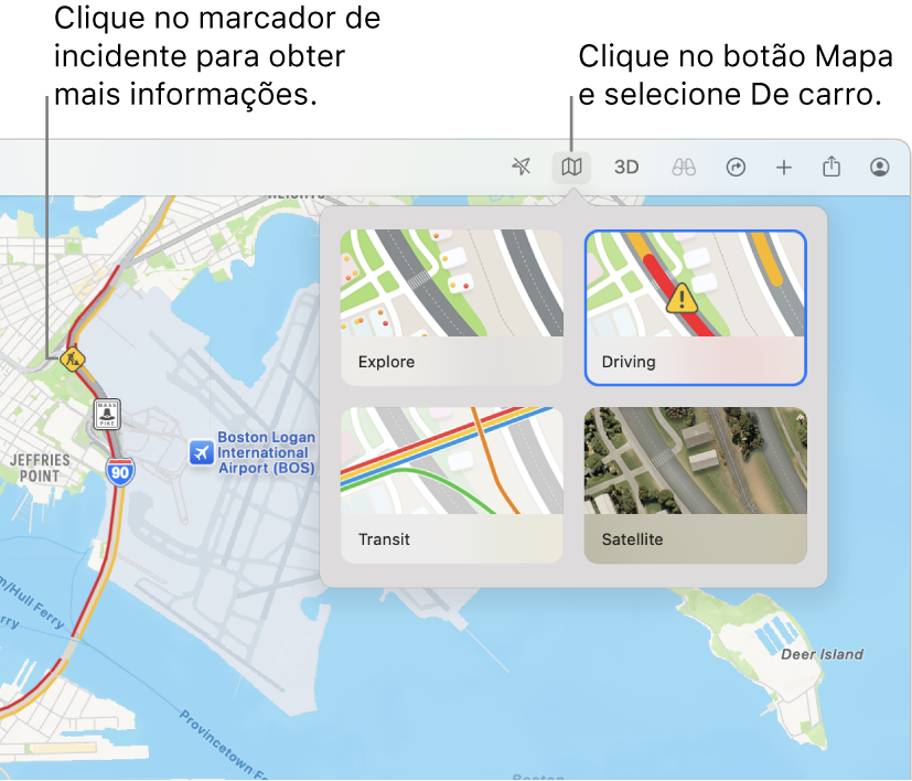 Um mapa de São Francisco com as opções do mapa exibidas, o mapa de carro selecionado e incidentes de trânsito no mapa.