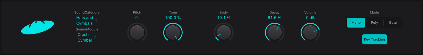 Figure. Interface Drum Synth avec son de cymbale et paramètres correspondants.