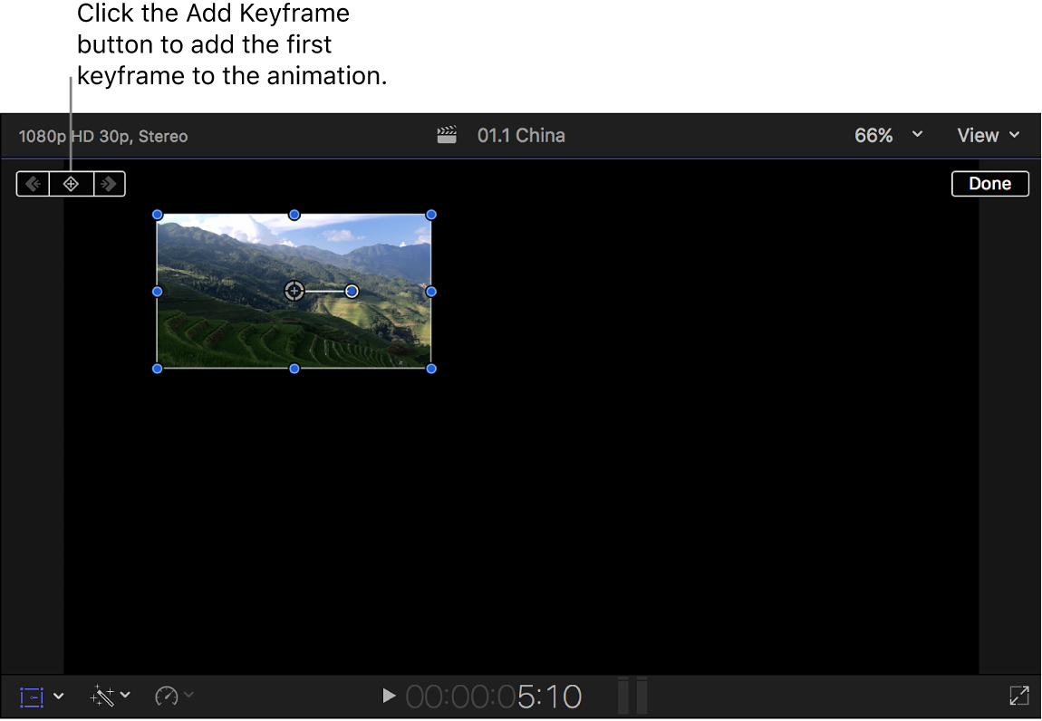 The viewer showing the Transform effect and the Add Keyframe button