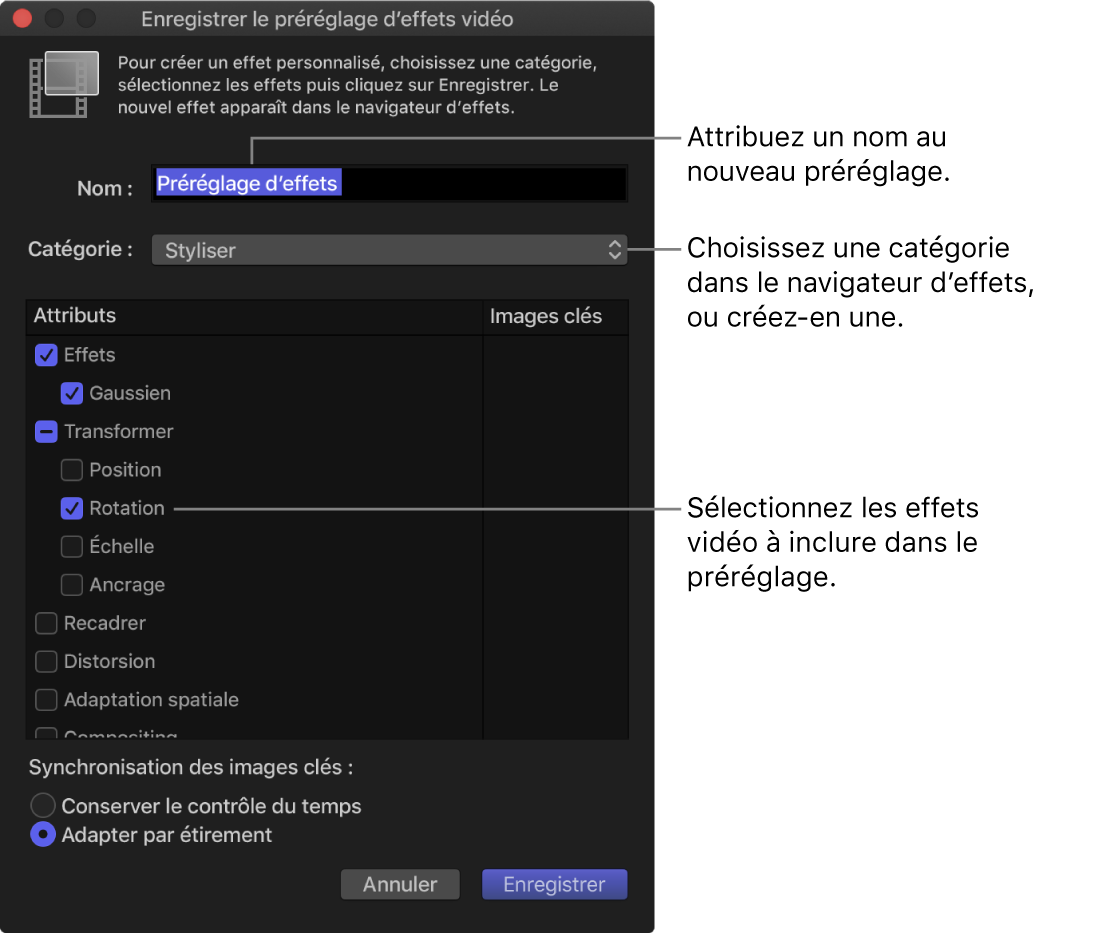 Fenêtre Enregistrer le préréglage d’effets vidéo