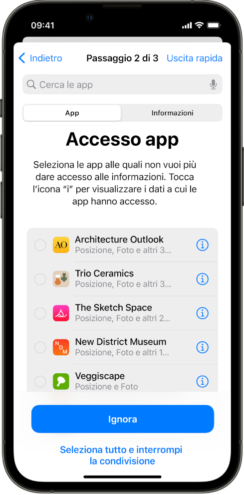 Una schermata di “Controllo di sicurezza” che mostra le informazioni condivise con app specifiche.