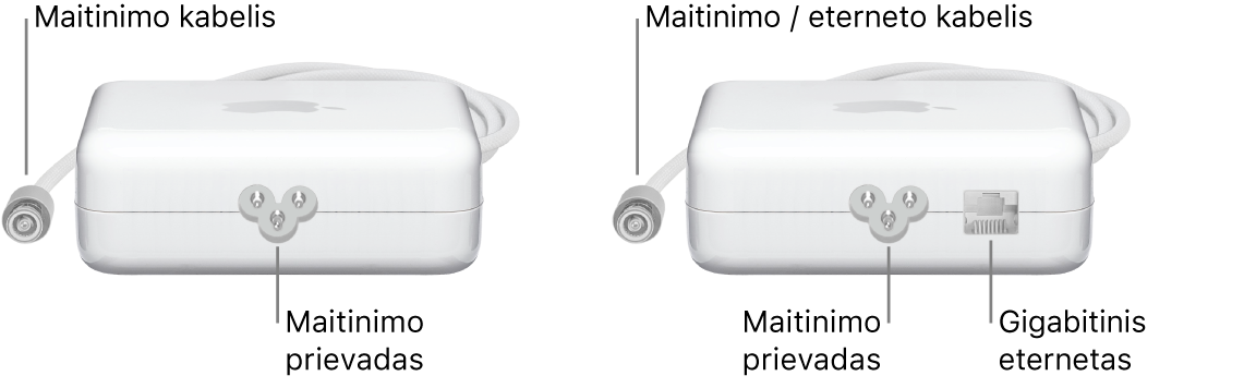 Vienas maitinimo adapteris be eterneto prievado ir vienas maitinimo adapteris su eterneto prievadu.