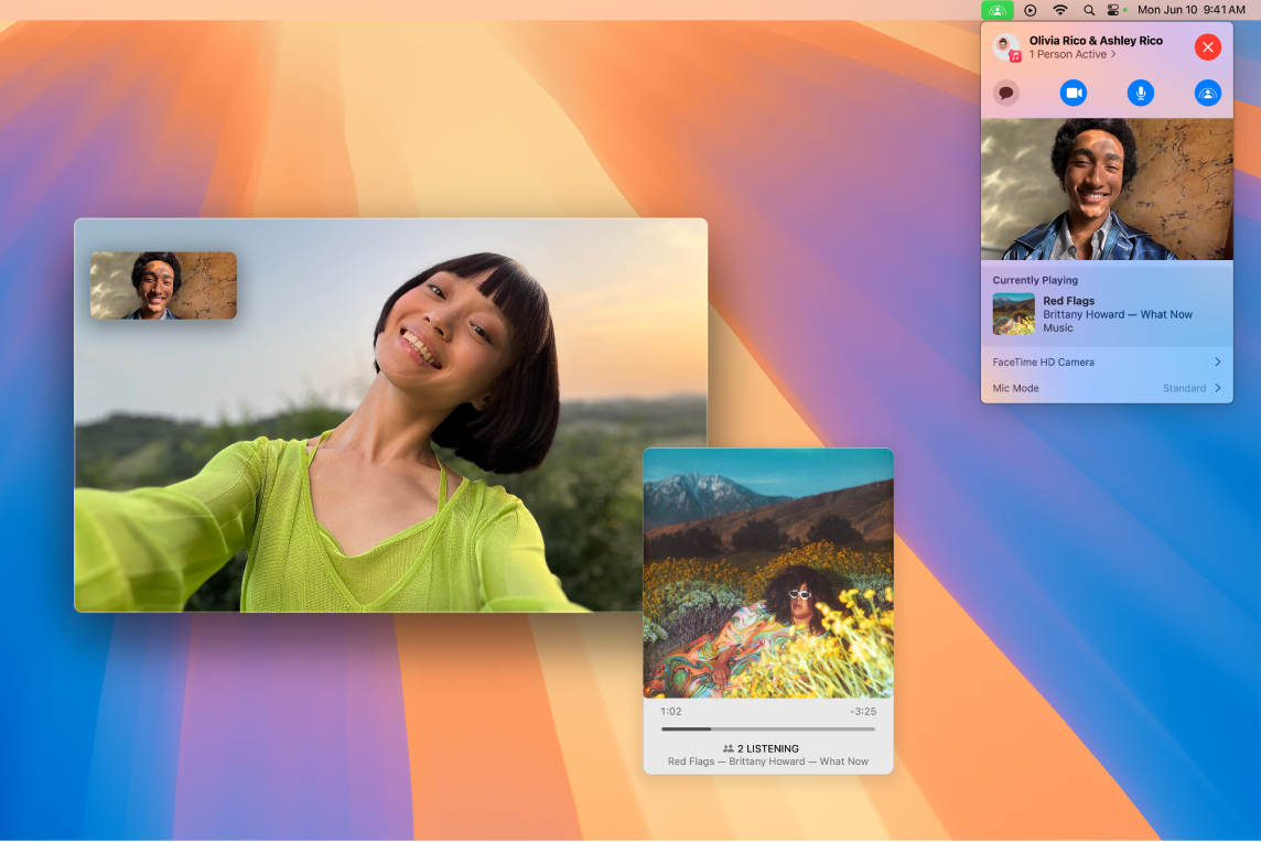 Прозорец на FaceTime, който показва разговор с участниците, които използват SharePlay за слушане на албум заедно.