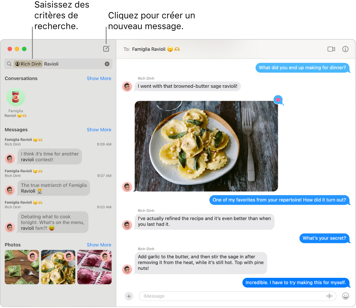 Une fenêtre Messages montrant les résultats de recherche pour un contact et « ravioli » à gauche. À droite apparaît une conversation avec une photo de ravioli.