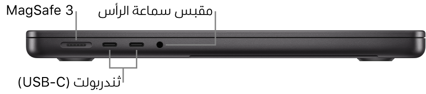 عرض للجانب الأيسر من MacBook Pro مقاس 14 بوصة مع وسائل شرح لمنفذ MagSafe 3 ومنفذي ثندربولت 4 ‏(USB-C) ومقبس سماعة الرأس.