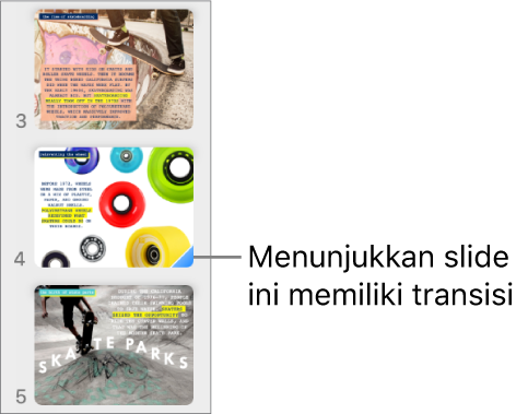 Segitiga biru pada slide mengindikasikan bahwa slide memiliki transisi.