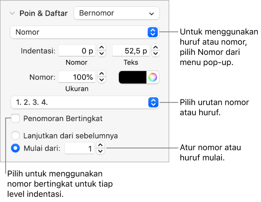 Kontrol untuk mengubah gaya nomor dan spasi daftar.