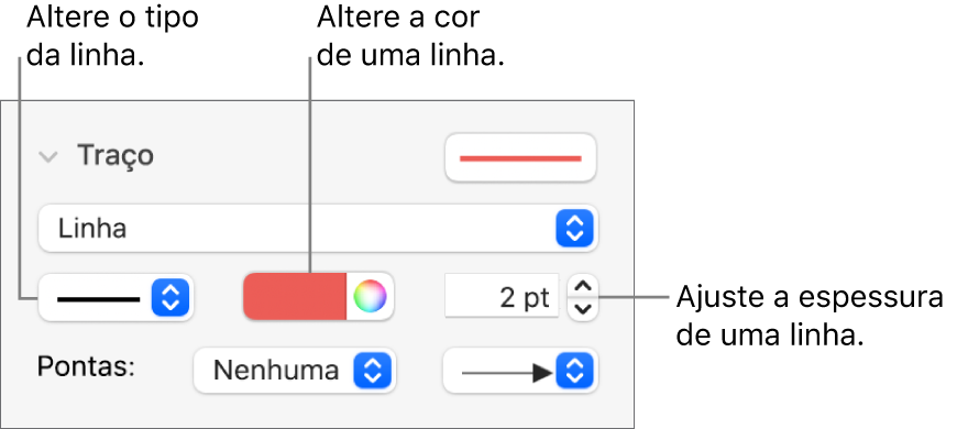 Controles de traço para definir pontas, espessura de linha e cor.