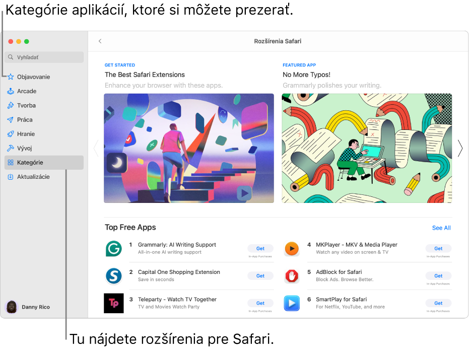 Stránka Rozšírenia Safari v Mac App Store. Postranný panel na ľavej strane obsahuje odkazy na ďalšie stránky: Objavovanie, Arcade, Tvorba, Práca, Hry, Vývoj, Kategórie a Aktualizácie. Napravo sú dostupné rozšírenia Safari.