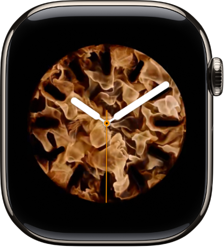 The Fire and Water watch face showing an analog clock in the middle and fire around it.