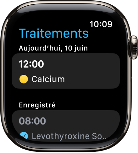 L’app Traitements montrant les traitements programmés et enregistrés.