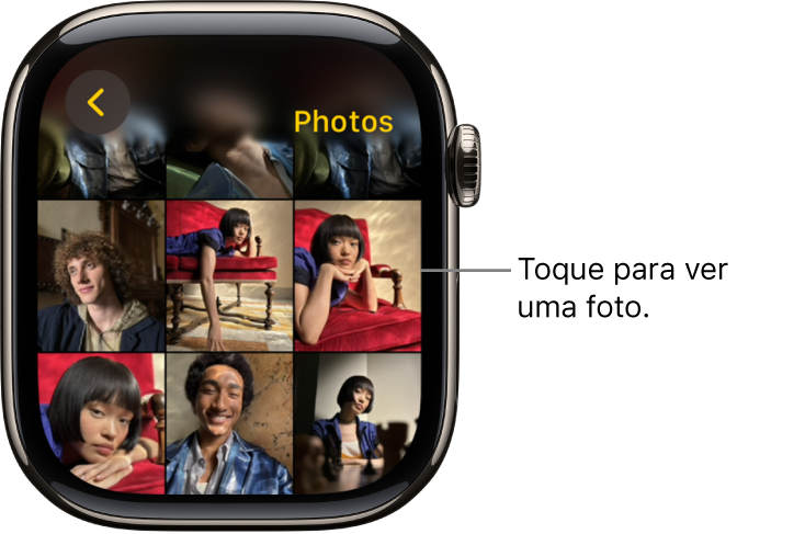 Tela principal do app Fotos no Apple Watch, com várias fotos exibidas em uma grade.