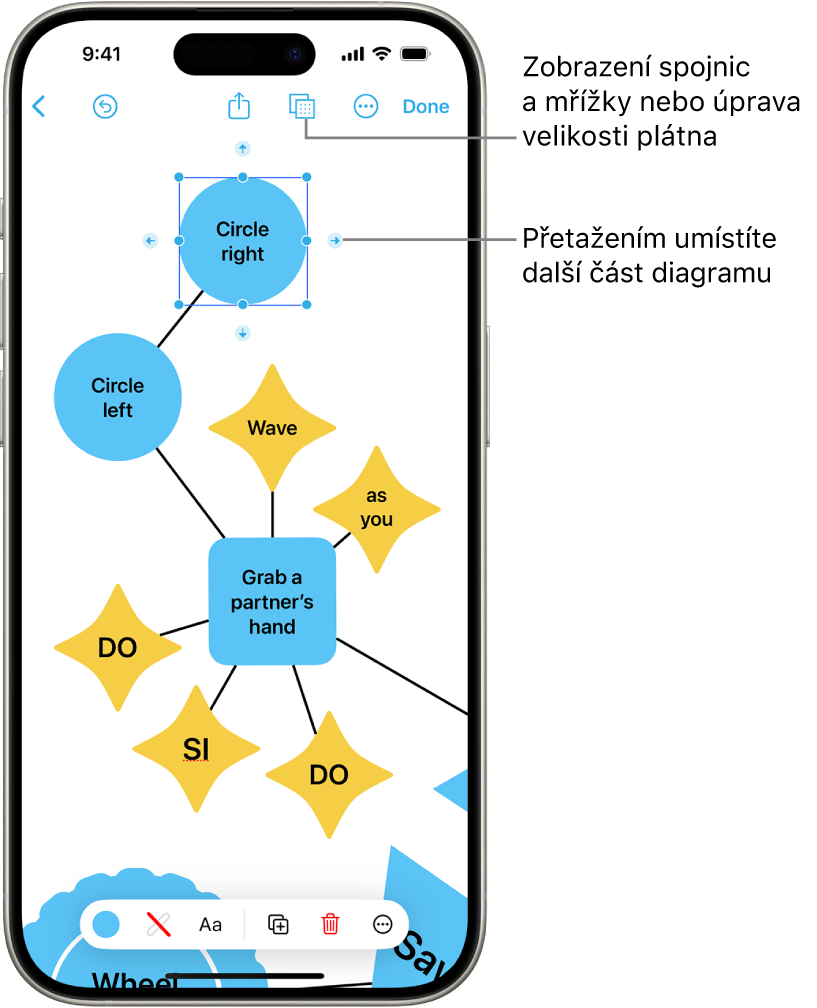 Diagram na tabuli aplikace Freeform se zobrazenými spojovacími body u vybraného tvaru a nástroji pro formátování tvarů v dolní části obrazovky