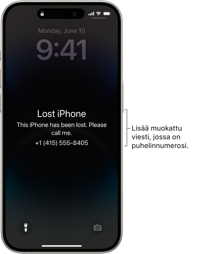 iPhonen lukittu näyttö, jossa on viesti kadonneesta iPhonesta. Voit lisätä muokatun viestin ja puhelinnumerosi.