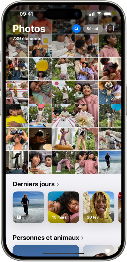 L’app Photos affichant la grille de la photothèque. En bas de l’écran figurent les sections Derniers jours et Personnes et animaux.