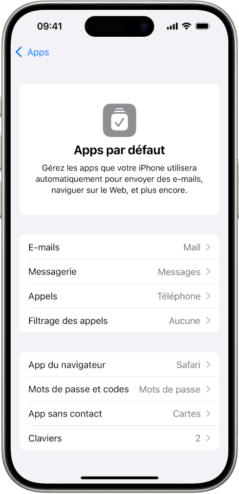 L’écran vous permettant de changer vos apps par défaut pour envoyer des e-mails, naviguer sur le Web, et plus encore.