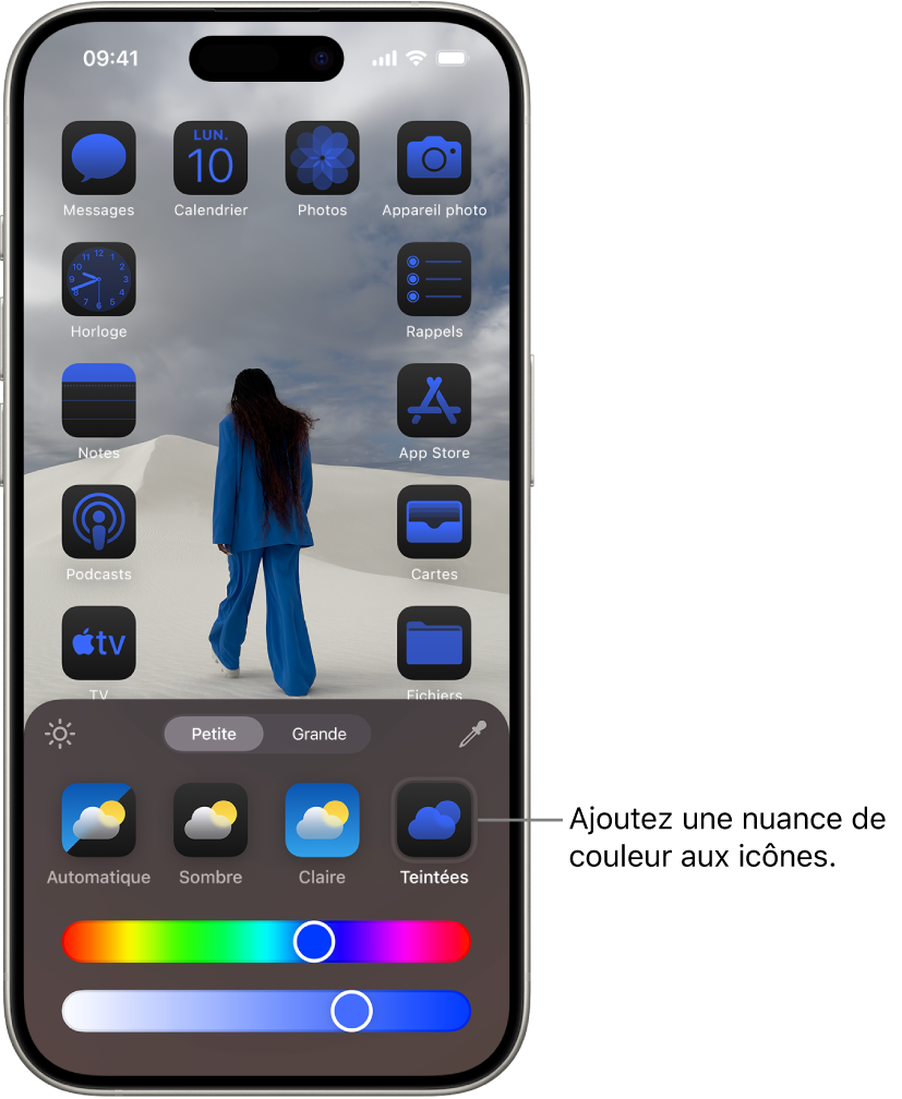 Un écran d’accueil personnalisé avec des icônes teintées en bleu qui sont placées autour de la photo pour l’encadrer. En bas de l’écran se trouvent des commandes de personnalisation des icônes. Les options Automatique, Sombre, Claire et Teintées sont disponibles, ainsi que des curseurs pour le choix de la couleur et de la saturation, et des boutons pour définir des icônes de petite ou de grande taille.
