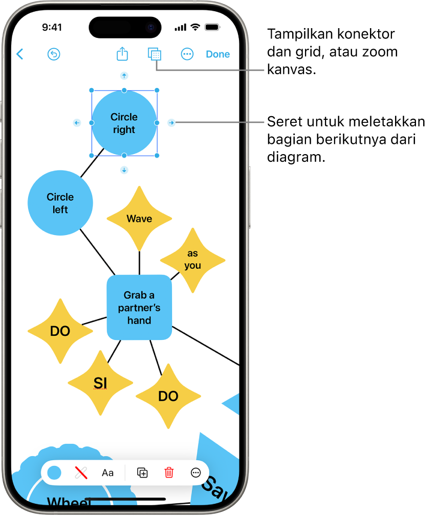 Diagram di bidang Freeform, dengan penghubung ditampilkan di bentuk yang dipilih, dan alat pemformatan bentuk terlihat di bagian bawah layar.