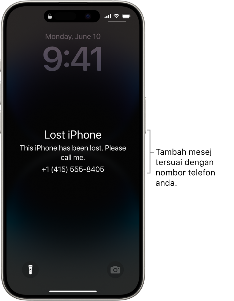 Skrin Kunci iPhone dengan mesej iPhone yang hilang. Anda boleh menambah mesej tersuai dengan nombor telefon anda.