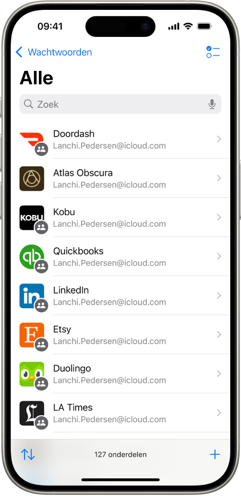 Een lijst met apps in de Wachtwoorden-app.
