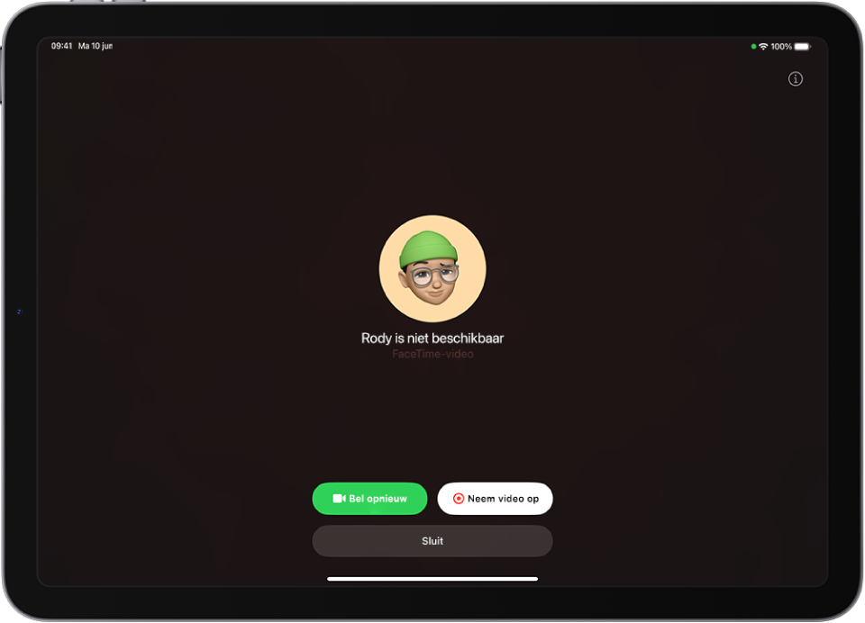 Een FaceTime-scherm waarop te zien is dat de gebelde persoon niet beschikbaar is. Onderaan staan de knoppen 'Bel opnieuw' en 'Neem video op'.