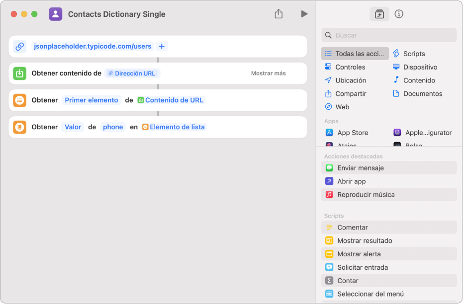 La acción Obtener valor del diccionario en el editor de atajos con la clave “teléfono” seleccionada.