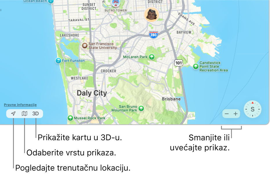 Izgled prozora Pronalaženje s prikazom lokacija osoba na karti. U donjem lijevom kutu koristite tipke za prikaz svoje trenutačne lokacije, odaberite prikaz i prikažite kartu u 3D prikazu. U donjem desnom kutu, koristite tipke za zumiranje za uvećavanje ili smanjivanje karte.