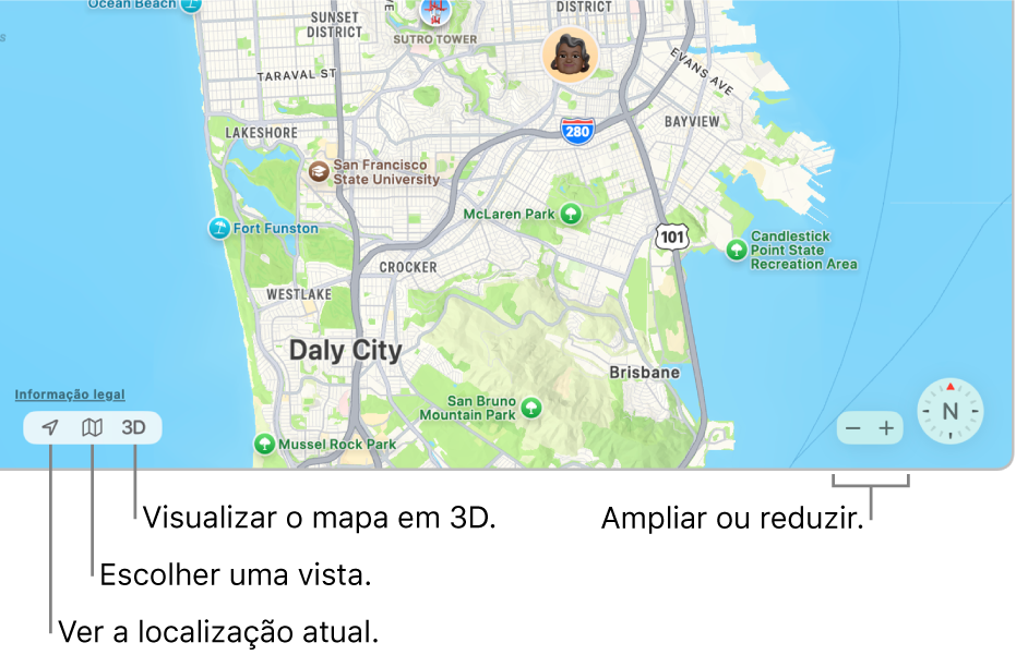 Uma vista da janela Encontrar a mostrar as localizações de pessoas num mapa. No canto inferior esquerdo, use os botões para ver a sua localização atual, selecionar uma vista e visualizar o mapa em 3D. No canto inferior direito, use os botões de ampliação para ampliar ou reduzir o mapa.