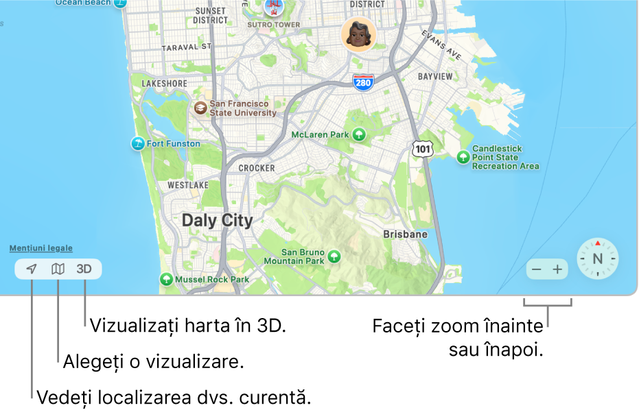 O vizualizare a ferestrei Găsire afișând localizarea persoanelor pe o hartă. În colțul din stânga jos, utilizați butoanele pentru a vedea localizarea dvs. curentă, a alege un mod de vizualizare șu a vedea harta în 3D. În colțul din dreapta jos, utilizați butoanele de zoom pentru a apropia sau îndepărta harta.