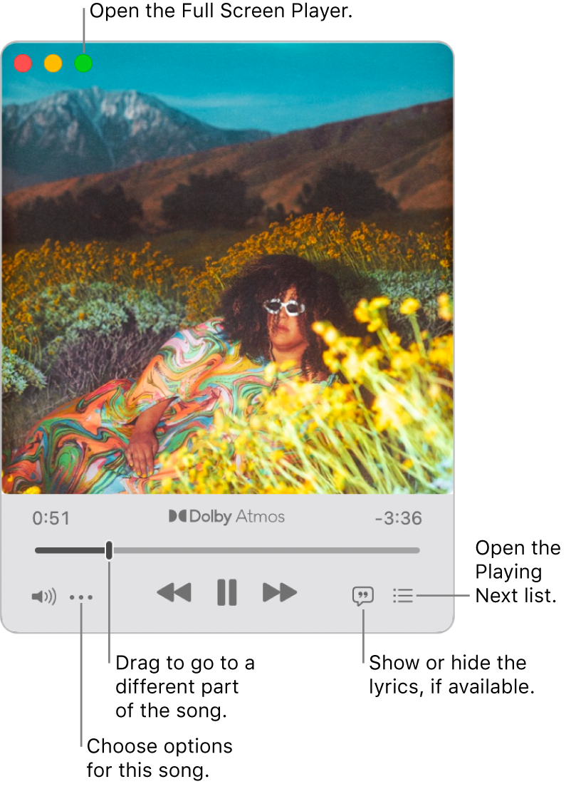 Expanded MiniPlayer showing the controls for the song that’s playing. In the top-left corner are the window controls used to open and close the Full Screen Player. The main part of the window shows the album artwork for the song that’s playing. Below the artwork are a slider to move to a different part of the song, and buttons to adjust the volume, show lyrics and show what’s playing next.