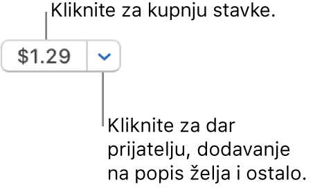 Tipka koja prikazuje cijenu. Kliknite na cijenu kako biste kupili stavku. Kliknite na strelicu pokraj cijene kako biste stavku poklonili prijatelju, dodali stavku u popis želja i ostalo.