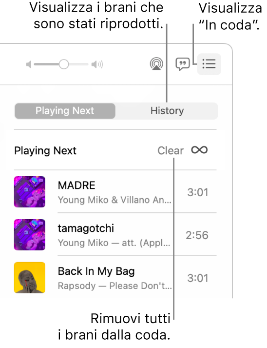 Viene selezionato il pulsante “In coda” nell'angolo superiore destro di Apple Music e viene mostrato l’elenco “In coda”. Fai clic sul link Cronologia per mostrare i brani riprodotti in precedenza. Fai clic sul link Cancella per rimuovere tutti i brani dalla coda.