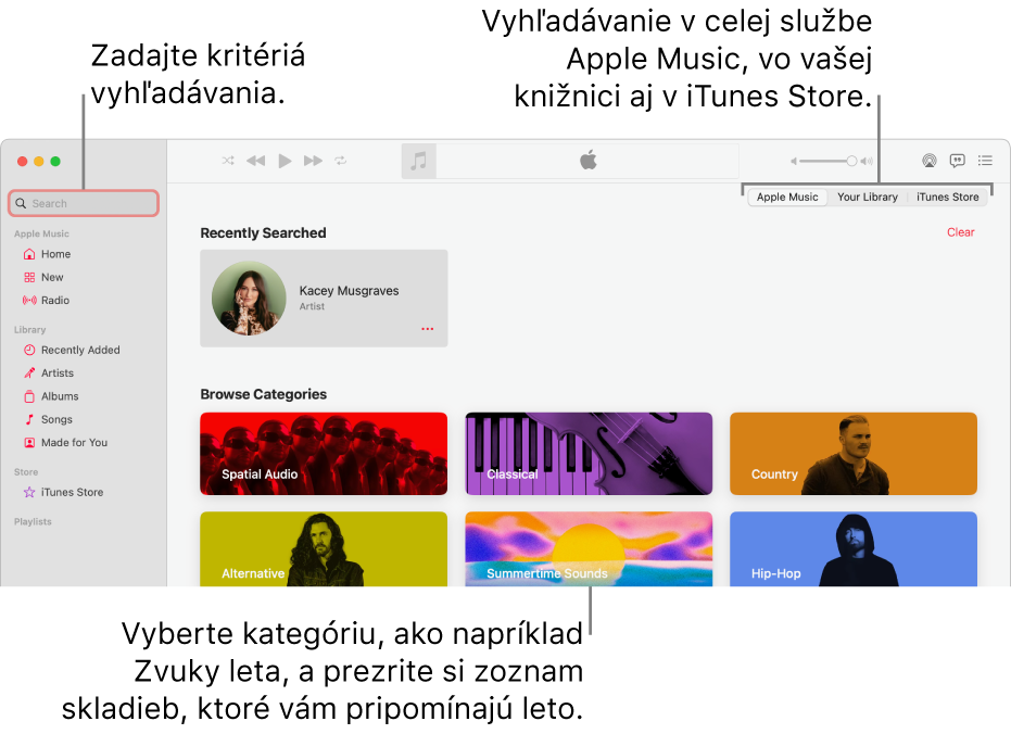 Okno Apple Music zobrazujúce vyhľadávacie pole v ľavom hornom rohu, zoznam kategórií v strede okna a sekcie Apple Music, Vaša knižnica a iTunes Store v pravom hornom rohu. Do vyhľadávacieho poľa zadajte kritériá vyhľadávania a potom vyberte, či chcete vyhľadávať v celej službe Apple Music, iba vo vašej knižnici alebo v obchode iTunes Store.