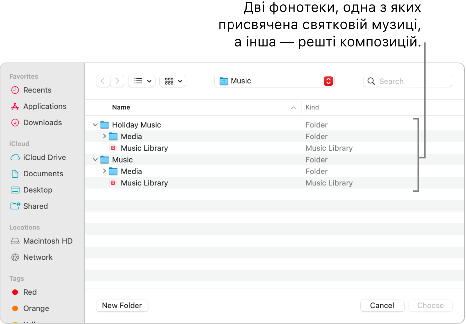 Вікно Finder з кількома медіатеками, одна — для святкової музики, інші — для решти.