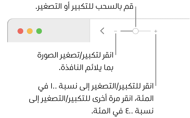 شريط الأدوت وتظهر عليه عناصر التحكم في التكبير/التصغير.