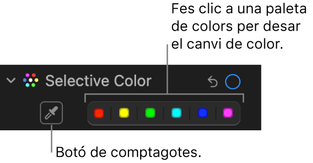 Els controls “Color selectiu” del tauler “Ajusta” amb el botó de comptagotes i mostres de color.