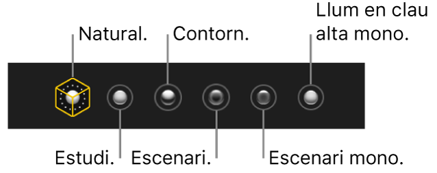 Opcions d’efectes d’il·luminació del mode Retrat, incloses (d’esquerra a dreta) Natural, Estudi, Contorn, Escenari, “Escenari mono” i “Llum en clau alta mono”.