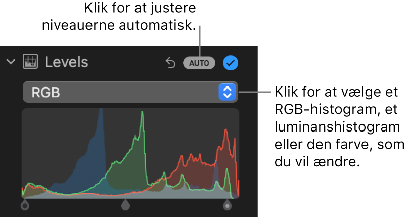 Betjeningsmulighederne til Niveauer i vinduet Juster med knappen Auto øverst til højre og RGB-histogrammet nedenunder.