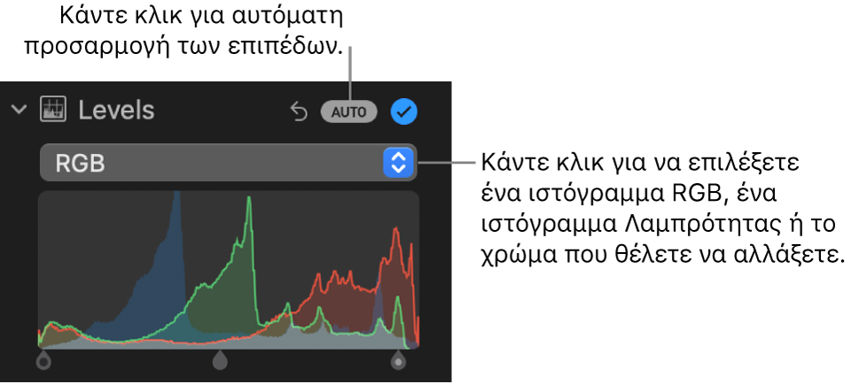 Τα στοιχεία ελέγχου «Επίπεδα» στο τμήμα «Προσαρμογή», με το κουμπί «Αυτόματα» πάνω δεξιά και το ιστόγραμμα RGB από κάτω.