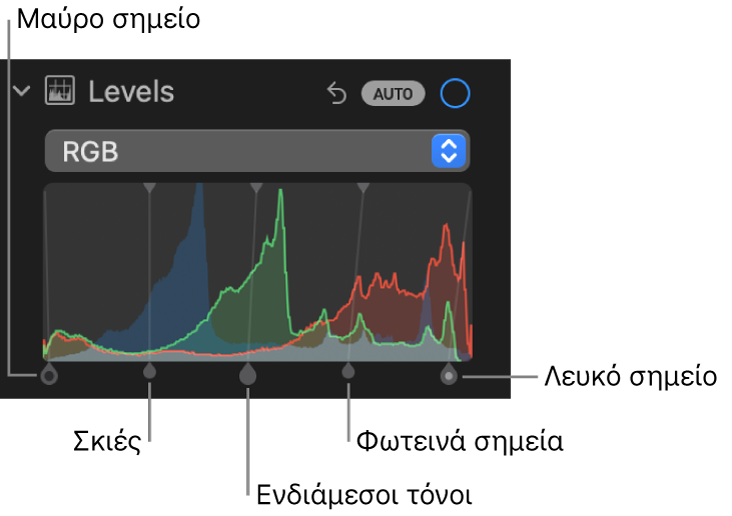 Τα στοιχεία ελέγχου Επιπέδων στο τμήμα «Προσαρμογή», όπου φαίνεται το ιστόγραμμα RGB από κάτω, συμπεριλαμβανομένων (από αριστερά προς δεξιά) των εξής: μαύρο σημείο, σκοτεινά σημεία, ενδιάμεσοι τόνοι, φωτεινά σημεία, και λευκό σημείο.