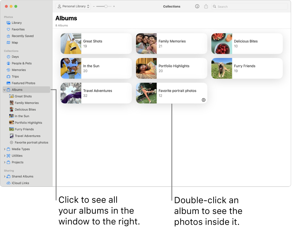 The Photos window with Albums selected in the sidebar, and albums shown on the right.