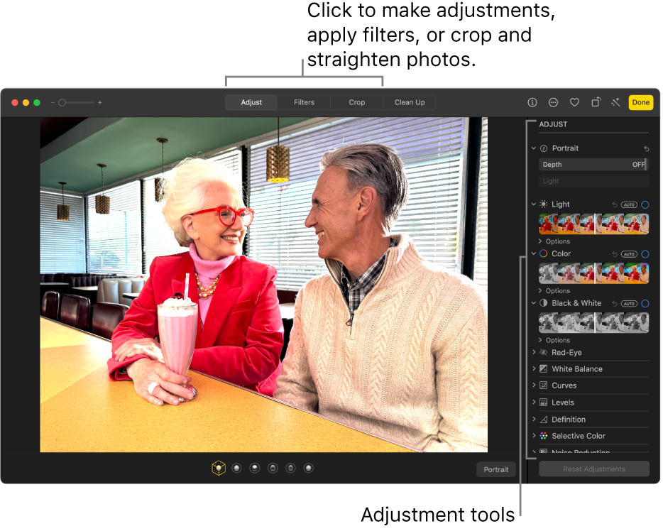 A photo in editing view, with Adjust selected in the toolbar and adjustment tools on the right.