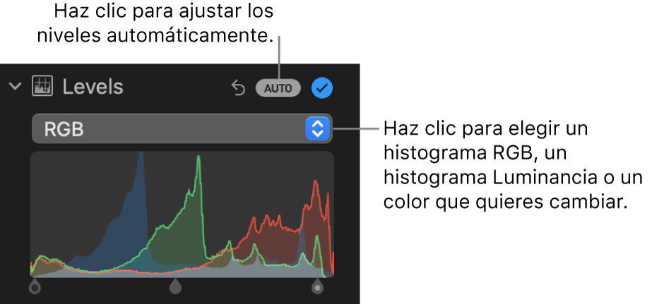 Los controles de Niveles en el panel Ajustar mostrando el botón Automático seleccionado en la parte superior derecha y el histograma RGB en la parte inferior.