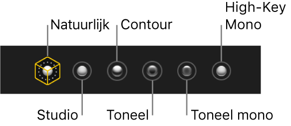 De beschikbare belichtingseffecten voor portretfoto's, met (van links naar rechts) 'Natuurlijk', 'Studio', 'Contour', 'Toneel', 'Toneel mono' en 'High-key mono'.