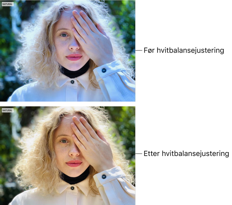 Et bilde før og etter en hvitbalansejustering.