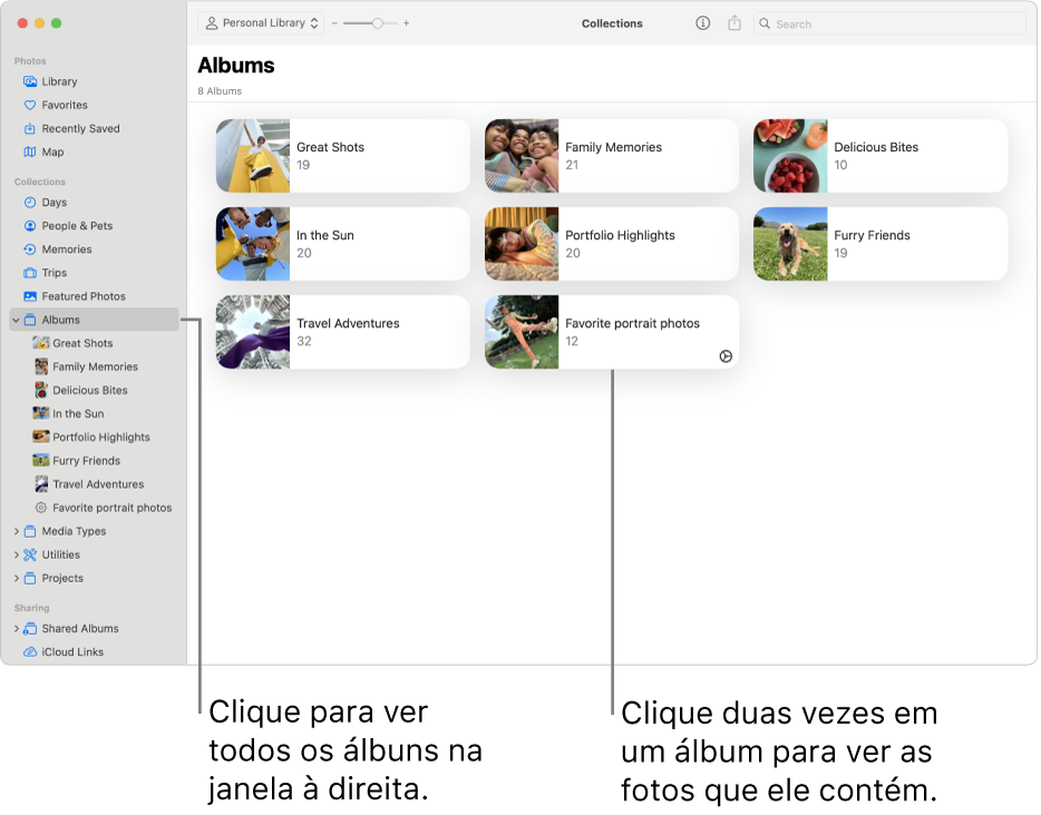 A janela do app Fotos, com Álbuns selecionado na barra lateral e álbuns mostrados à direita.