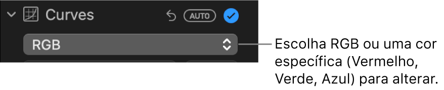 Os controles de Curvas no painel Ajustar, mostrando RGB selecionado no menu pop‑up.