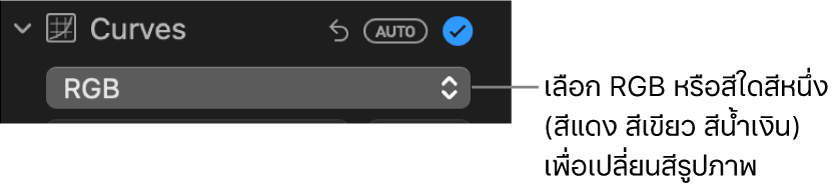 ตัวควบคุมเส้นโค้งในบานหน้าต่างการปรับที่แสดง RGB ที่เลือกไว้ในเมนูที่แสดงขึ้น